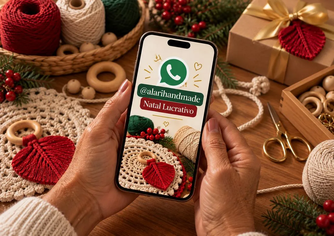 Mãos segurando o celular com a comunidade do WhatsApp @alarihandmade Natal Lucrativo