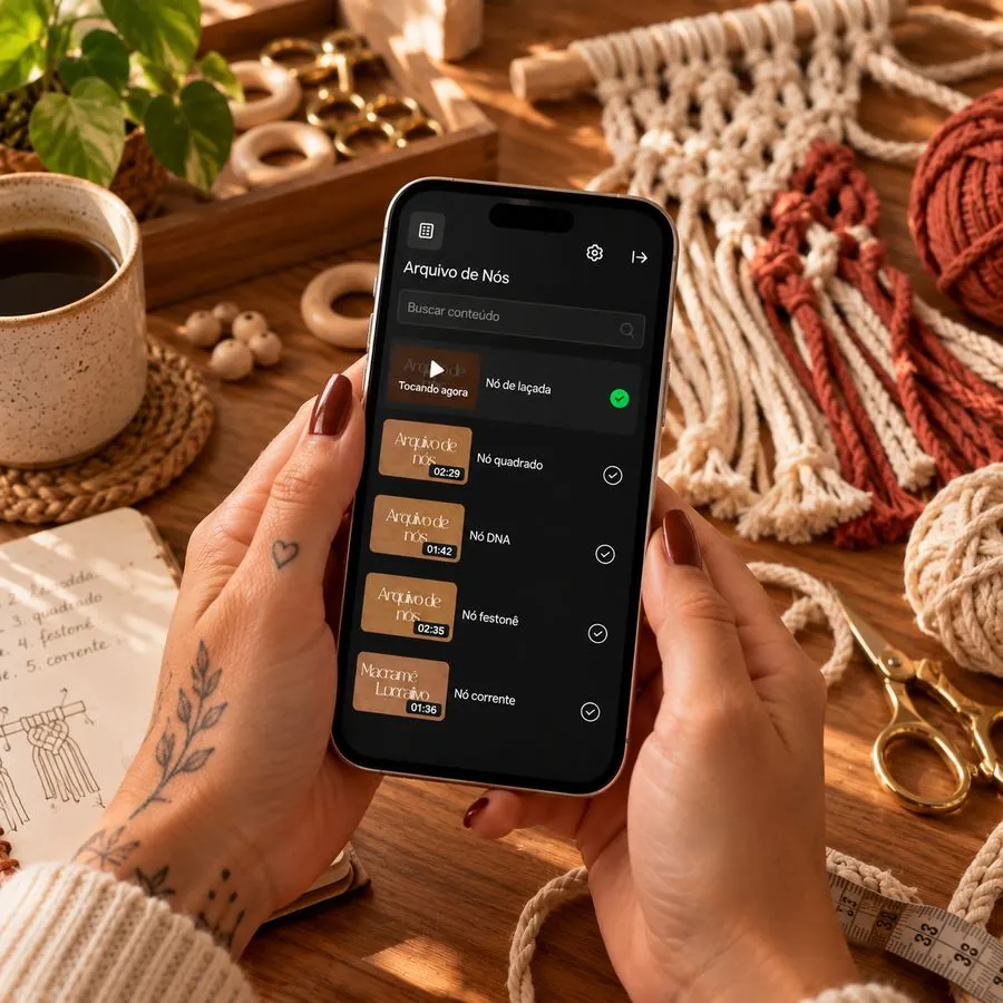 Mãos segurando o celular com o Arquivo de Nós aberto, mostrando a lista de nós