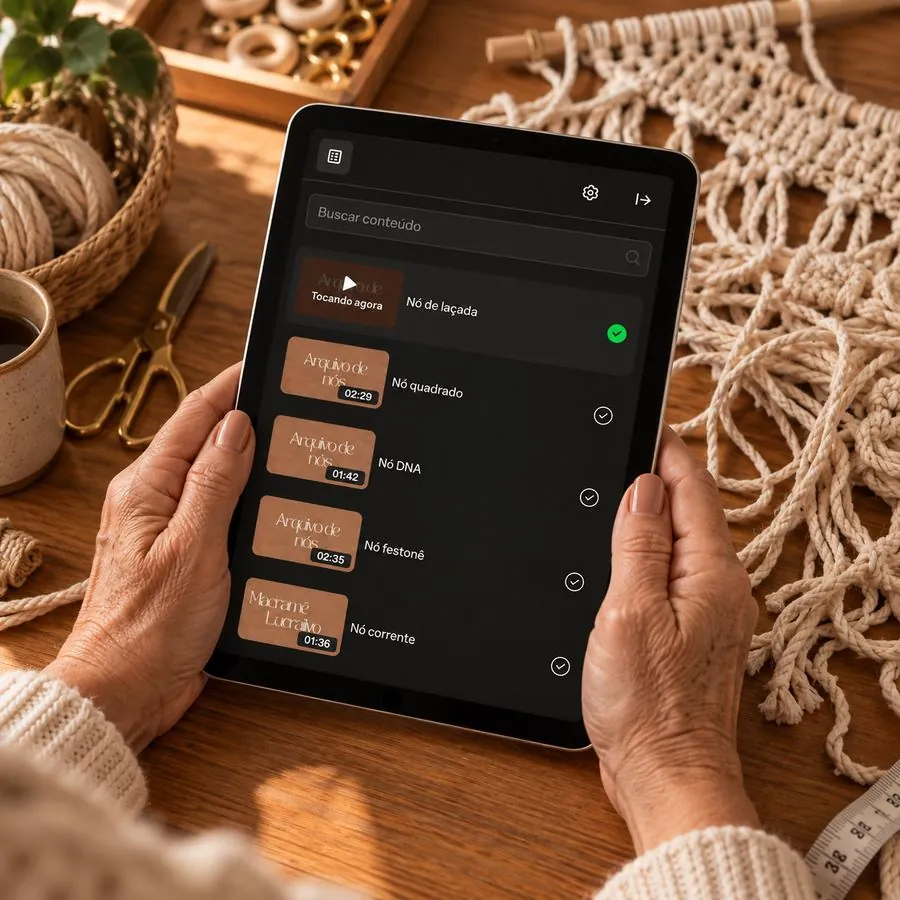 Mãos segurando um tablet com a lista de aulas de nós do curso